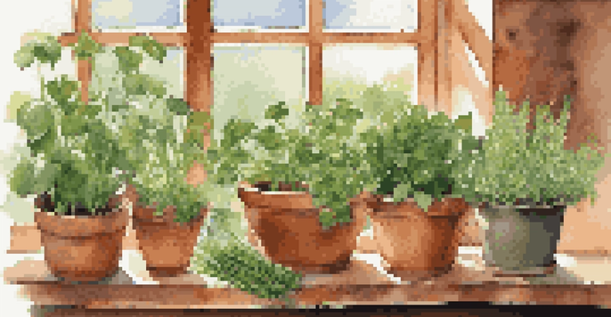 A vibrant indoor herb garden with pots of basil, mint, and chives on a sunny windowsill, illuminated by warm sunlight.