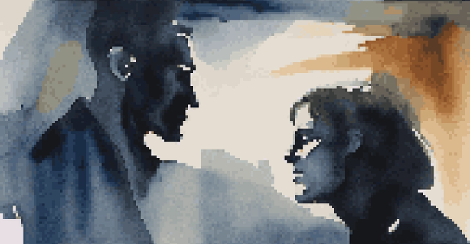 Two actors on a dimly lit stage, engaged in a tense conversation, with dramatic shadows highlighting their faces.