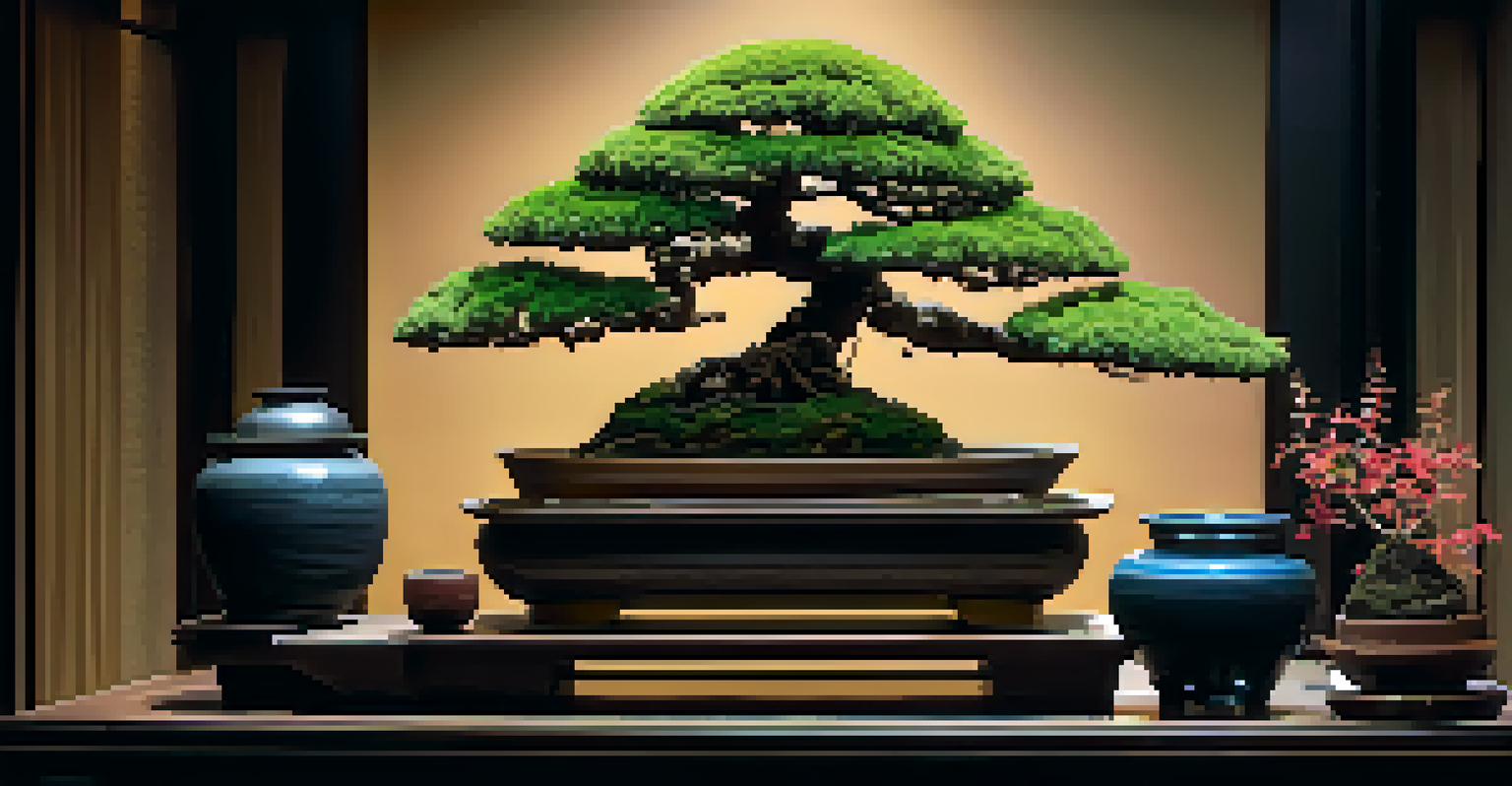 A layered bonsai arrangement with a tall pine at the back and smaller flowering bonsais in the front, illuminated by warm lighting against a dark wall.