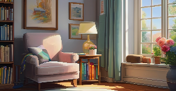 A cozy reading nook with a plush armchair, colorful bookshelf, warm lamp, and a view of a sunny garden outside.