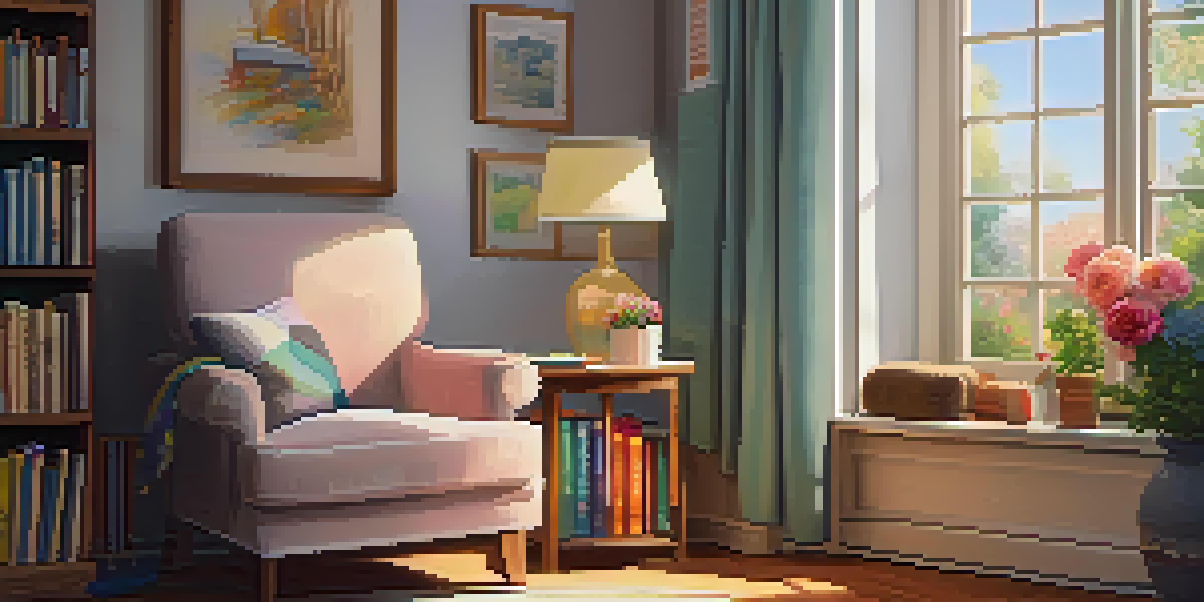 A cozy reading nook with a plush armchair, colorful bookshelf, warm lamp, and a view of a sunny garden outside.