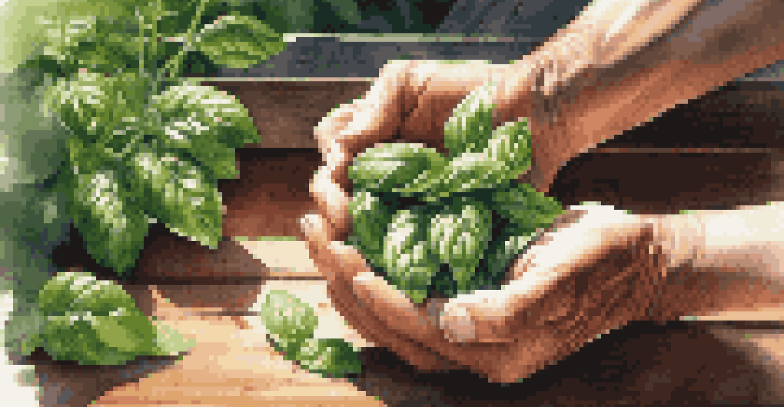 A close-up of hands harvesting basil with scissors, surrounded by vibrant green plants.