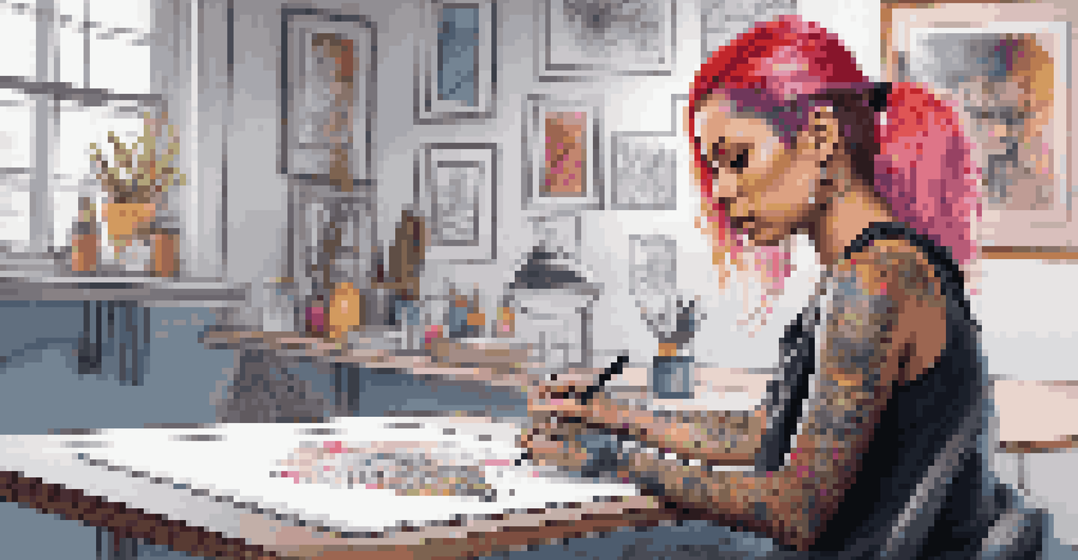 A tattoo artist sketching a watercolor design on a digital tablet in a bright, modern studio filled with colorful artworks.