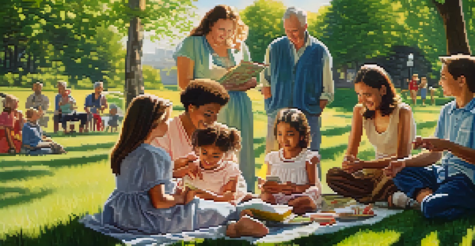 A family gathering in a park with people sharing stories and looking at photographs on a sunny day.