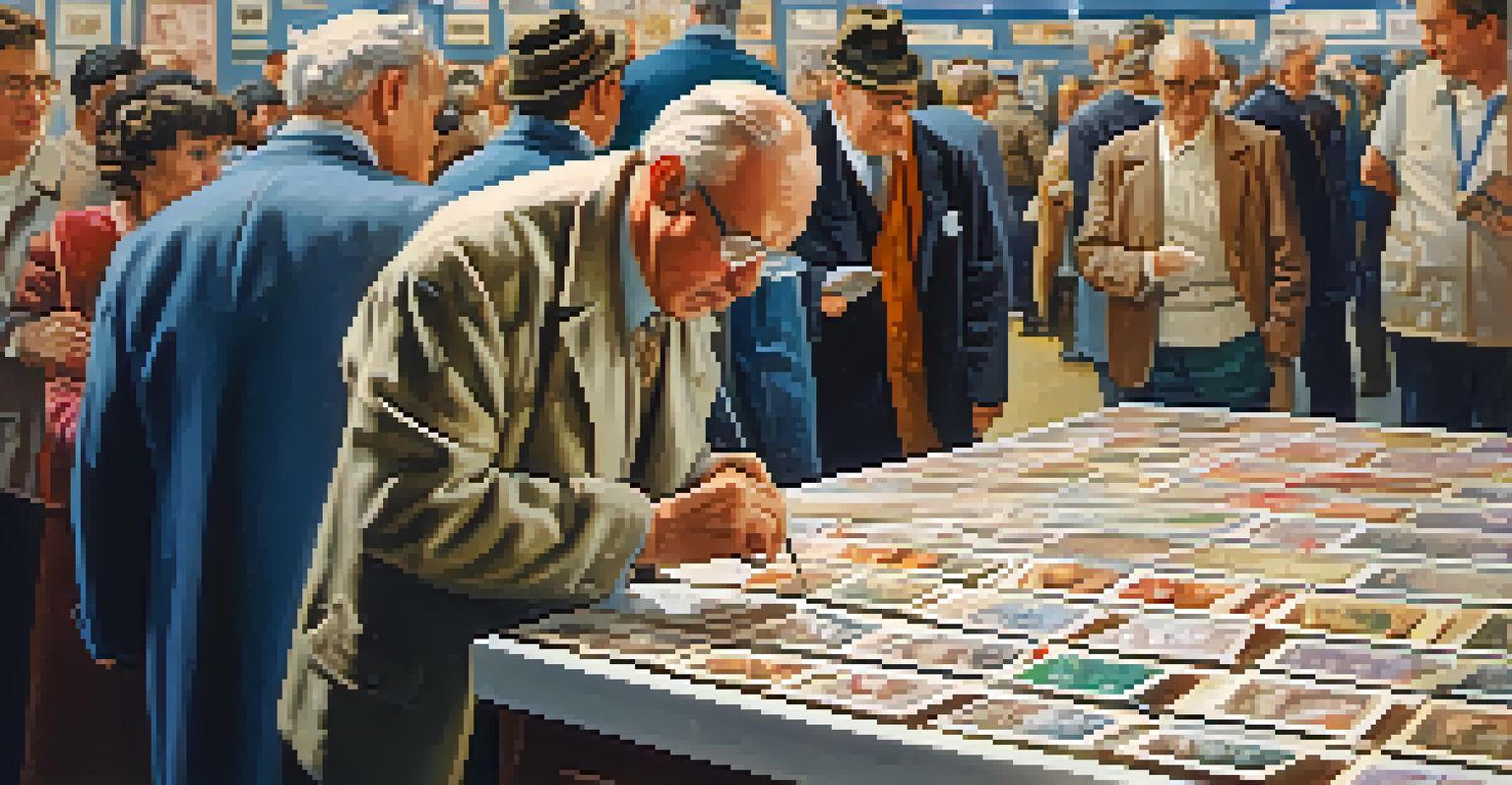 A stamp collector examining a rare stamp at a busy stamp exhibition, surrounded by other collectors.