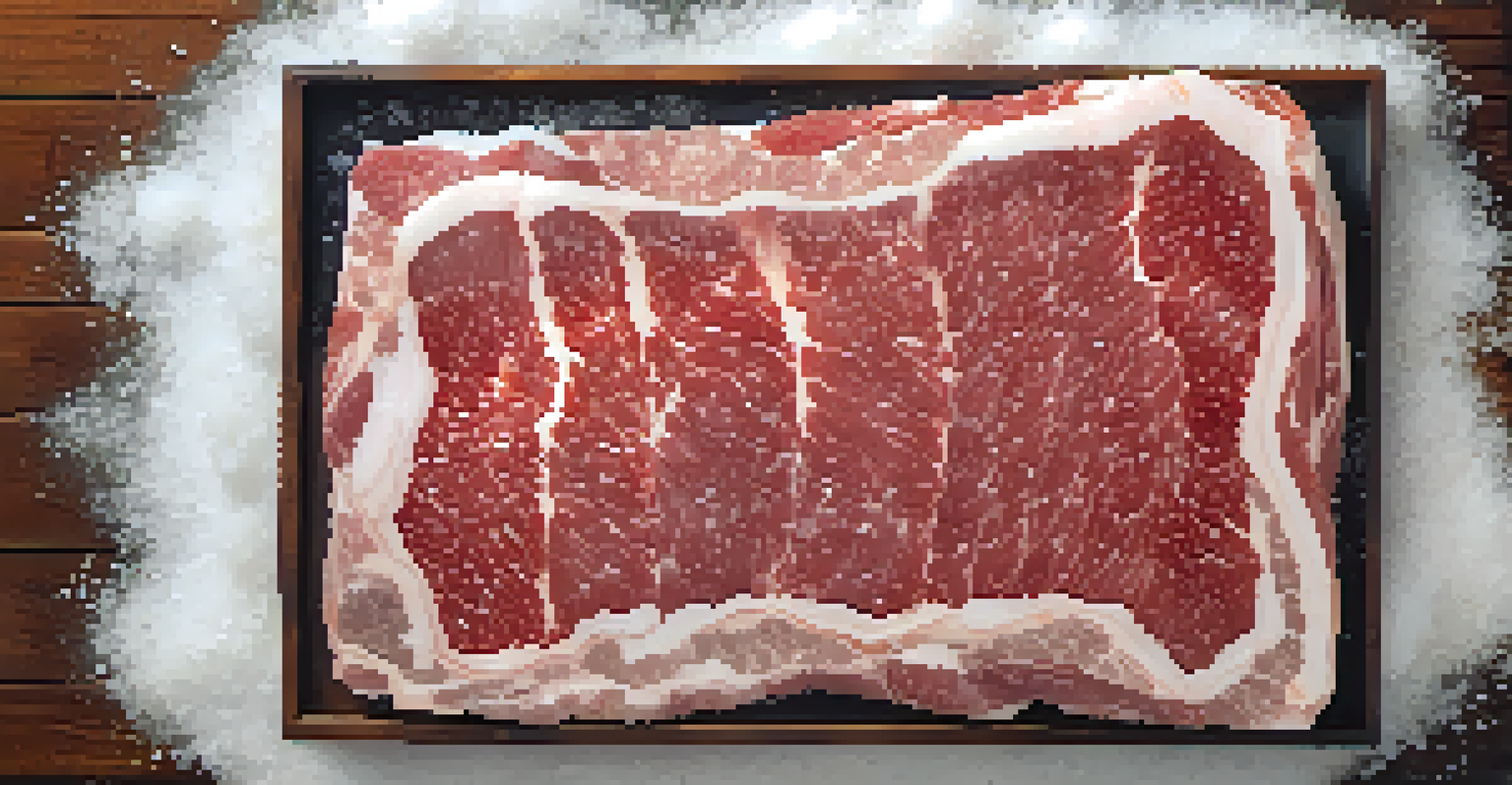 An overhead view of raw meat being cured with coarse salt and surrounded by herbs and spices.