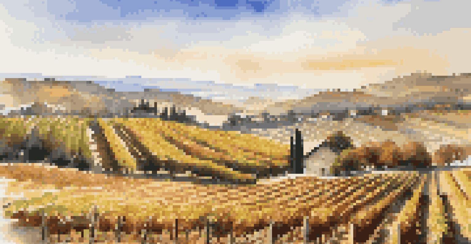 A vineyard landscape in autumn with grapevines, hills, and a wooden barrel in the foreground under a blue sky.