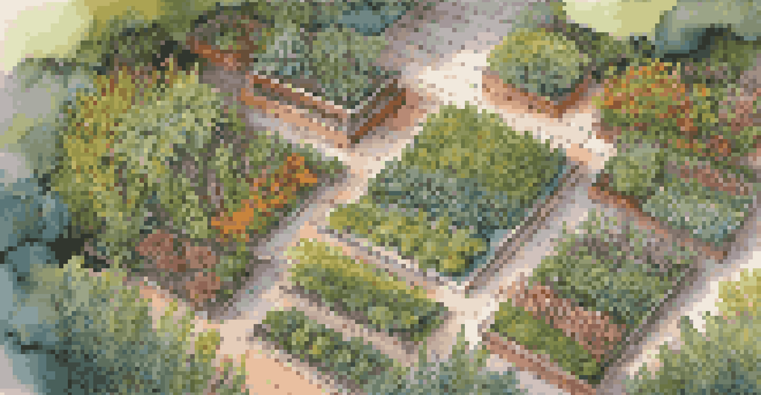 An aerial view of a diverse garden layout with various companion plants arranged harmoniously, showcasing vibrant colors and textures.