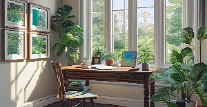 A cozy writing space with a wooden desk, an open notebook, plants, and colorful artwork, illuminated by soft natural light.