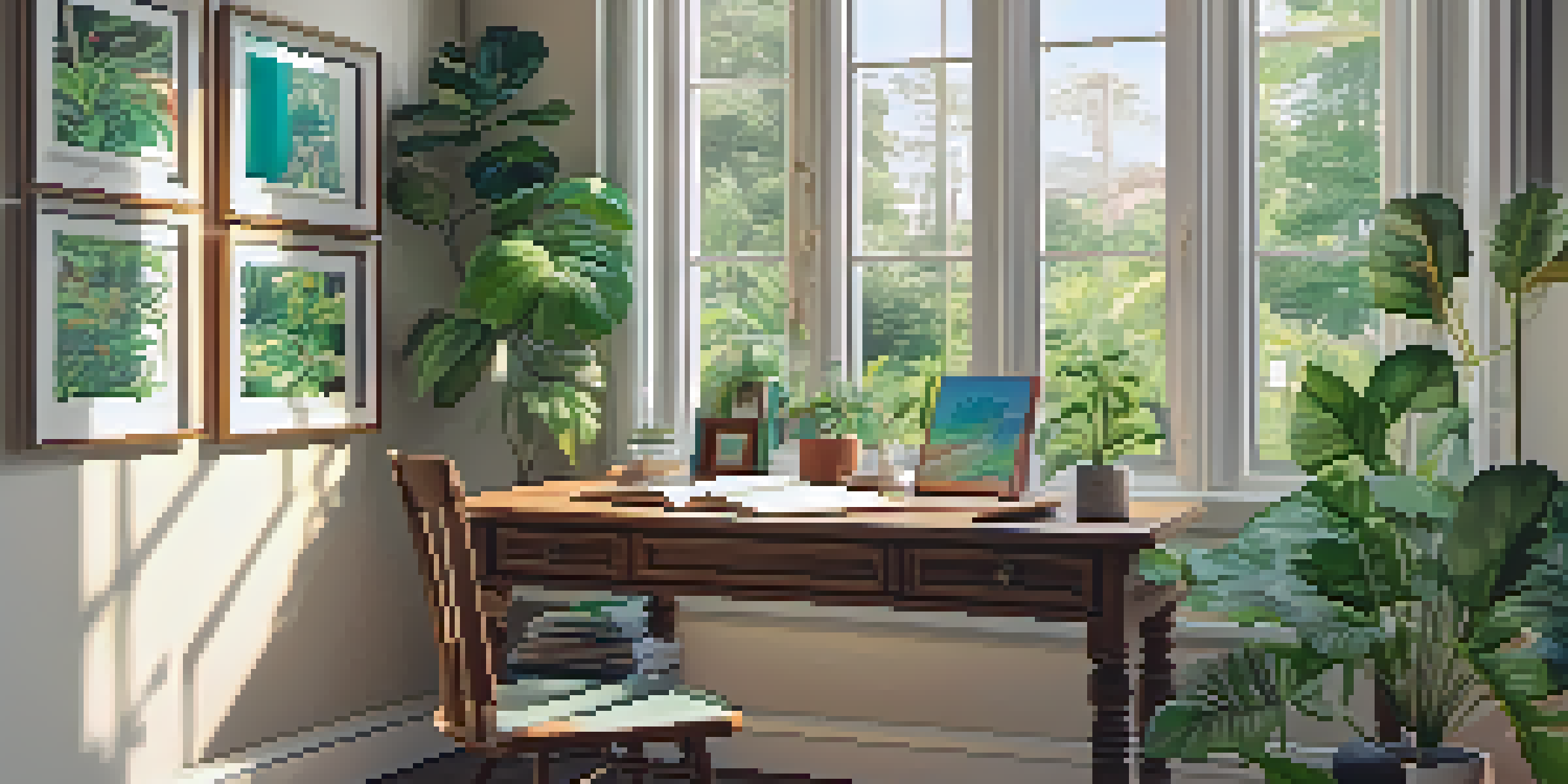 A cozy writing space with a wooden desk, an open notebook, plants, and colorful artwork, illuminated by soft natural light.