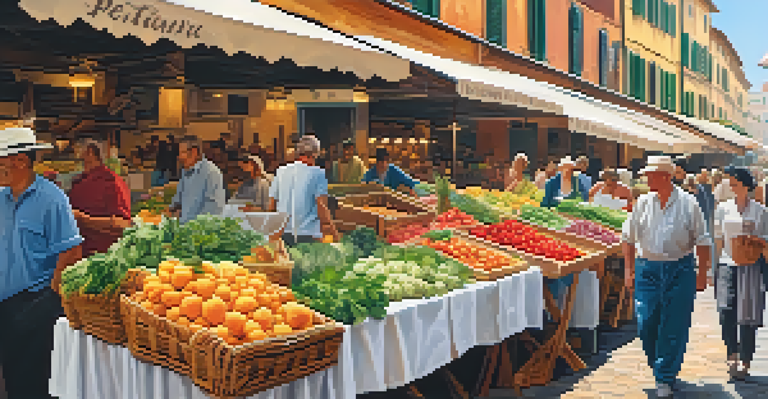 A lively Italian market scene with stalls of fresh produce and shoppers interacting with vendors.