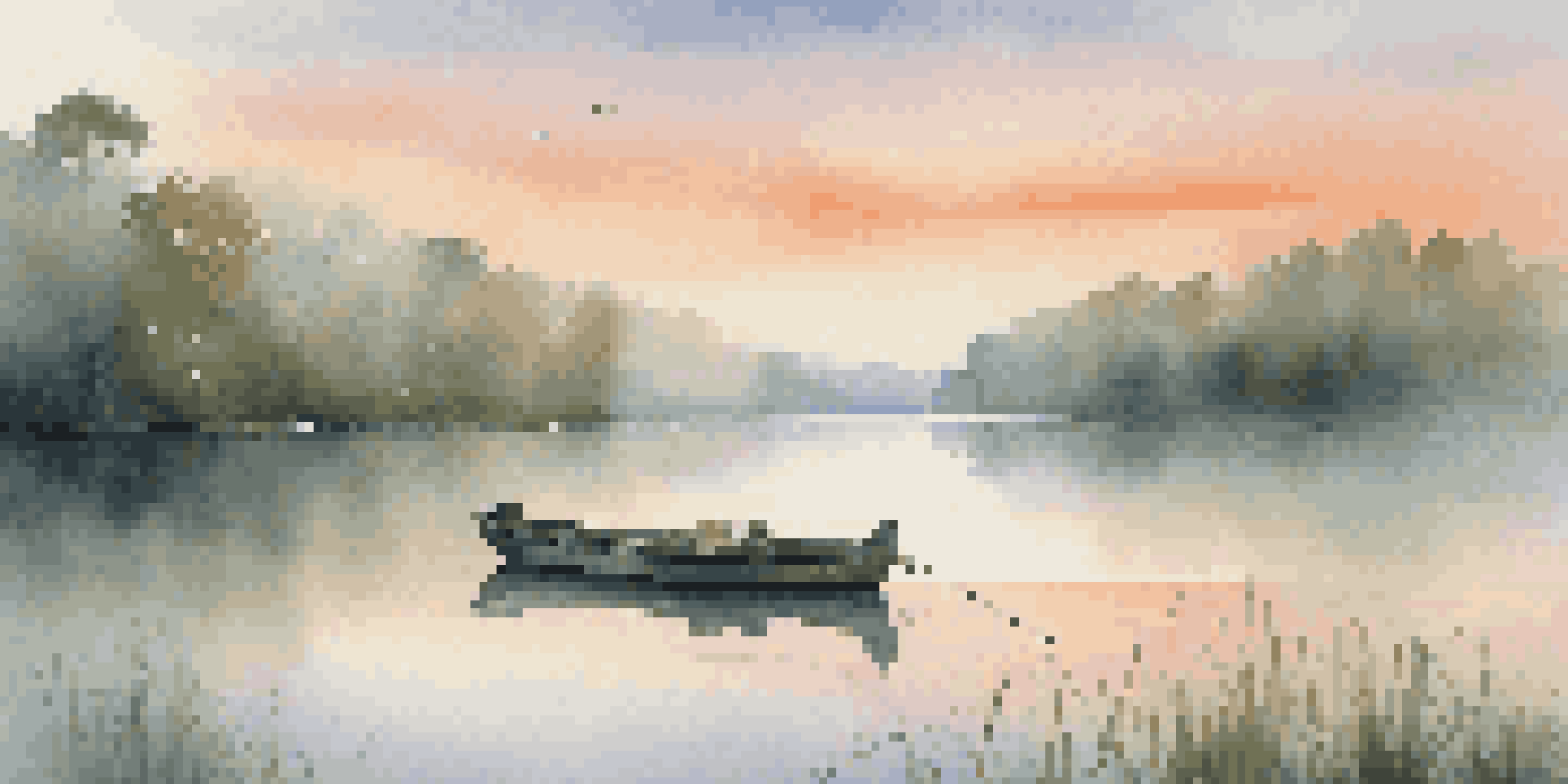 A peaceful scene of a freshwater lake at sunrise with a fishing boat and mist over the water.