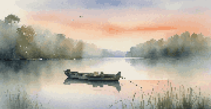 A peaceful scene of a freshwater lake at sunrise with a fishing boat and mist over the water.