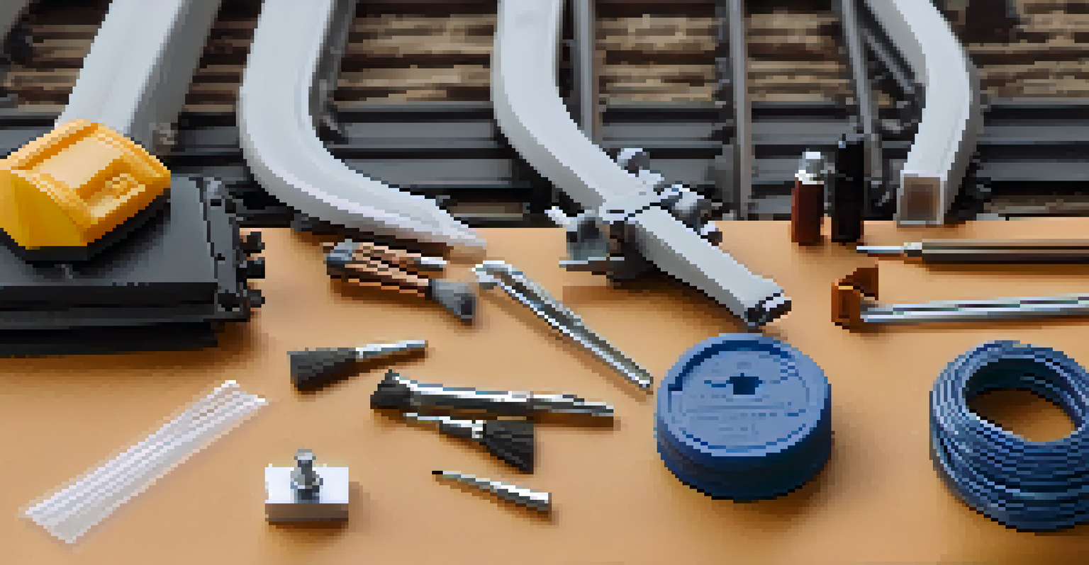 An assortment of model train maintenance tools such as a track cleaner, vacuum, and brushes arranged on a clean surface under soft lighting.