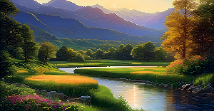 A peaceful valley with a flowing river, surrounded by mountains and illuminated by a setting sun, showcasing vibrant greenery and colorful flowers.
