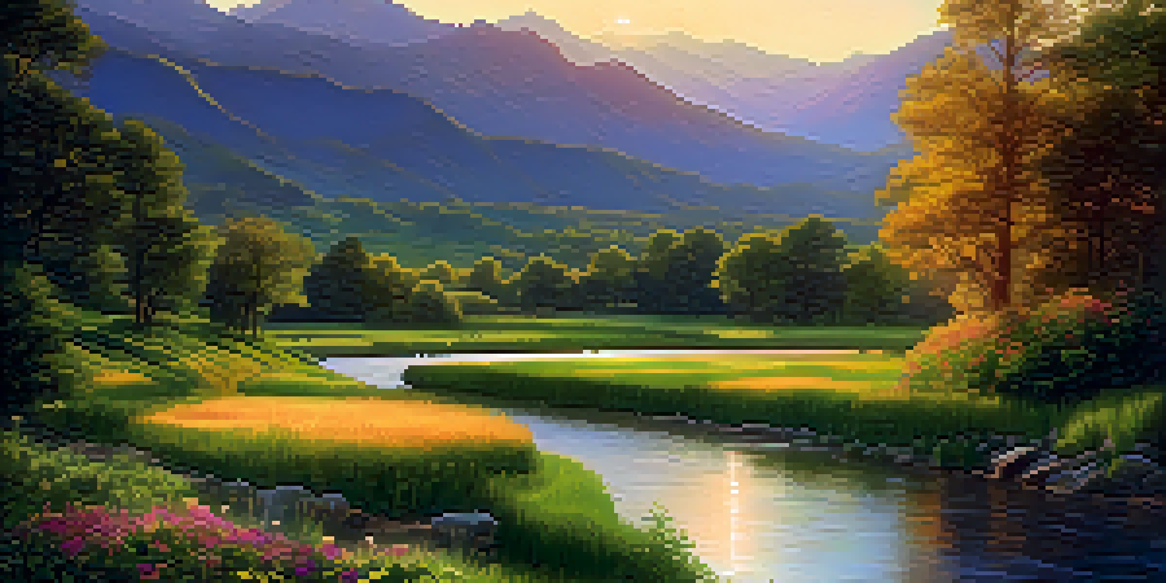 A peaceful valley with a flowing river, surrounded by mountains and illuminated by a setting sun, showcasing vibrant greenery and colorful flowers.
