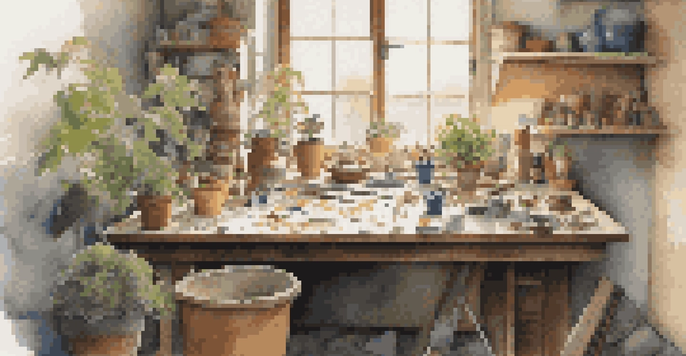 An artist's workspace filled with sculpting tools, colorful clay, and a partially finished sculpture, illuminated by warm natural light.