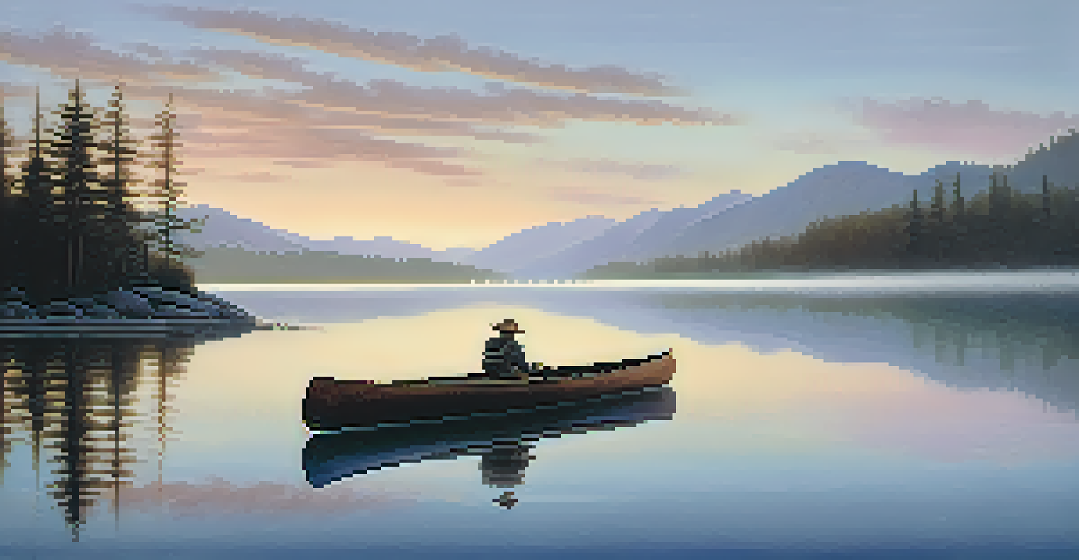 A tranquil landscape at dawn with mist over a lake, reflecting pastel sky colors, and a canoe floating on the water.