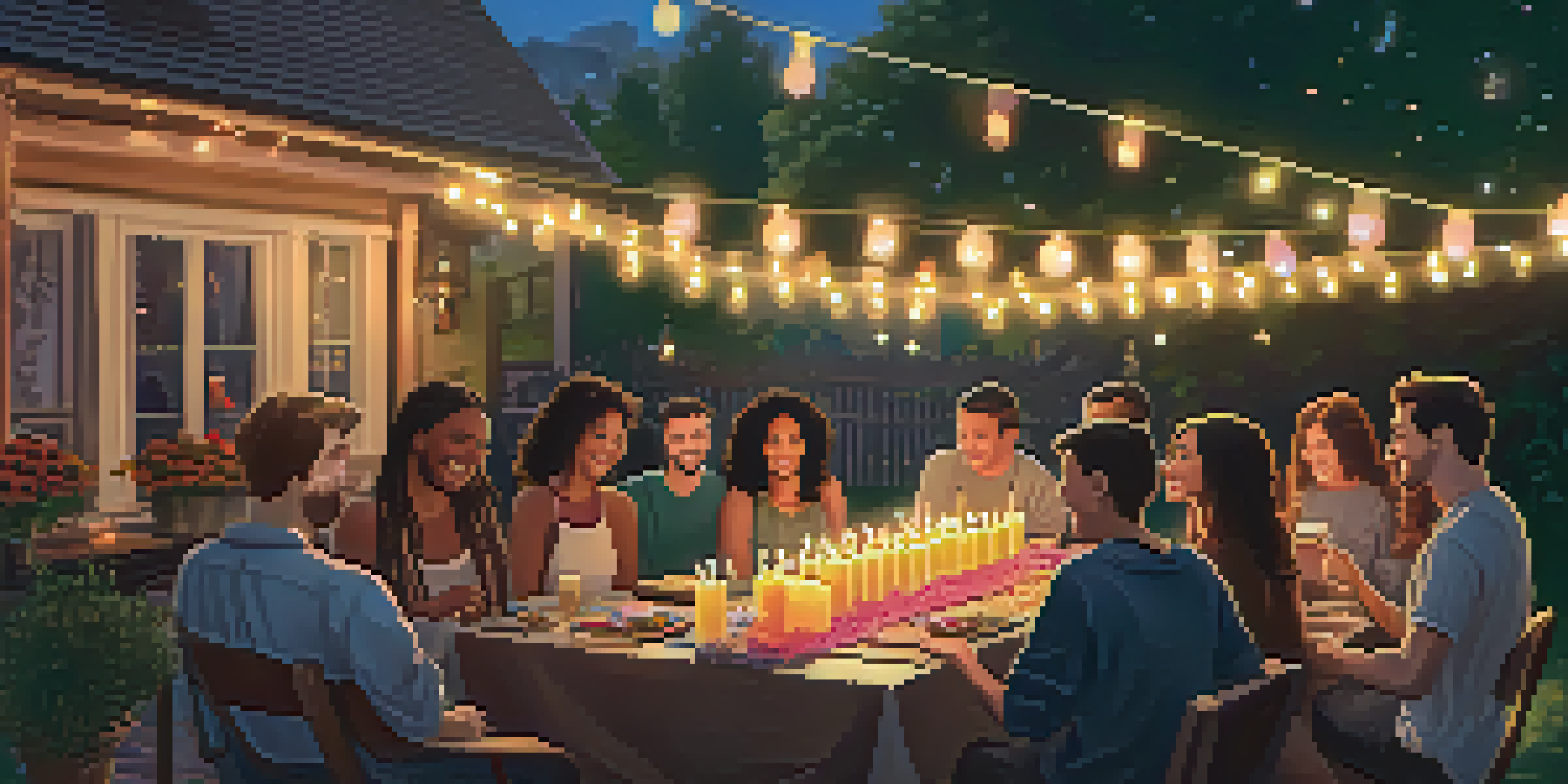 A backyard party scene with diverse guests making candles, colorful supplies on a wooden table, and warm sunset lighting.