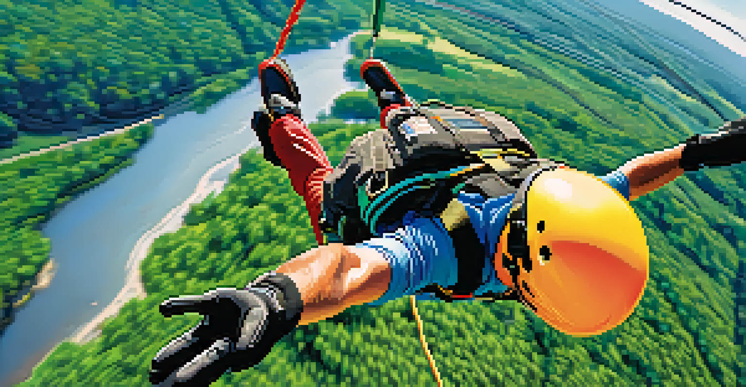 A bungee jumper in mid-air free fall, wearing a helmet and gloves, above a landscape of trees and a blue sky.