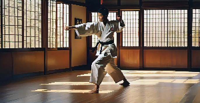 A martial artist performing a high kick in a sunlit dojo, showcasing dynamic movement and focus.