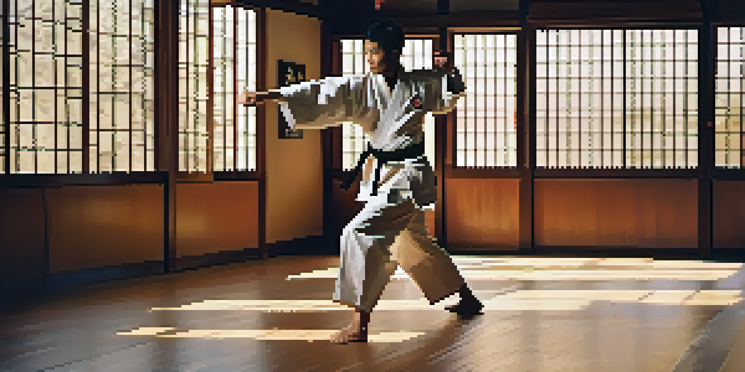 A martial artist performing a high kick in a sunlit dojo, showcasing dynamic movement and focus.