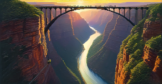 A bungee jumper in a bright red harness leaping from a platform above a beautiful canyon during sunset, with a river and trees visible below.