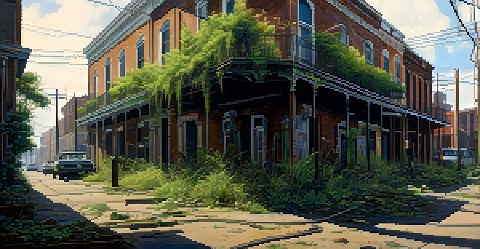 A post-apocalyptic New Orleans street overgrown with plants and eerie figures, under dim lighting.