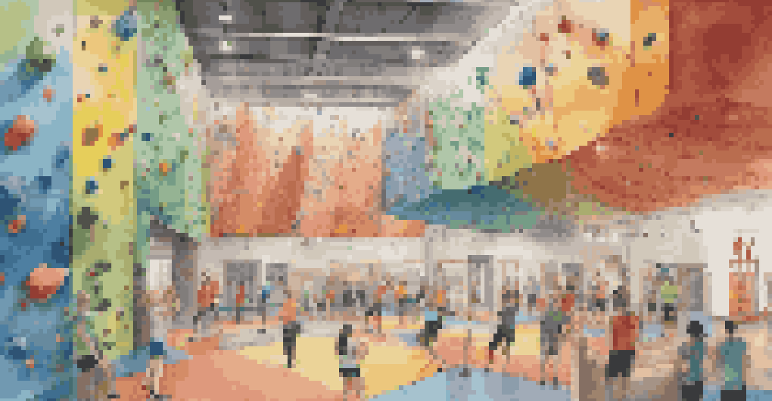 A bustling climbing gym with climbers on colorful walls, bright lights, and spectators cheering in the background.