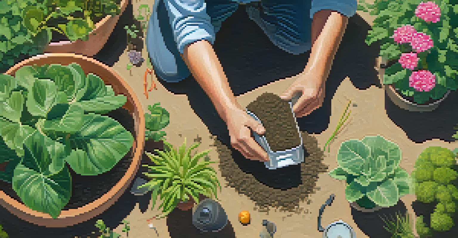 An overhead view of a gardener testing soil in a garden, with vibrant plants and tools surrounding them.