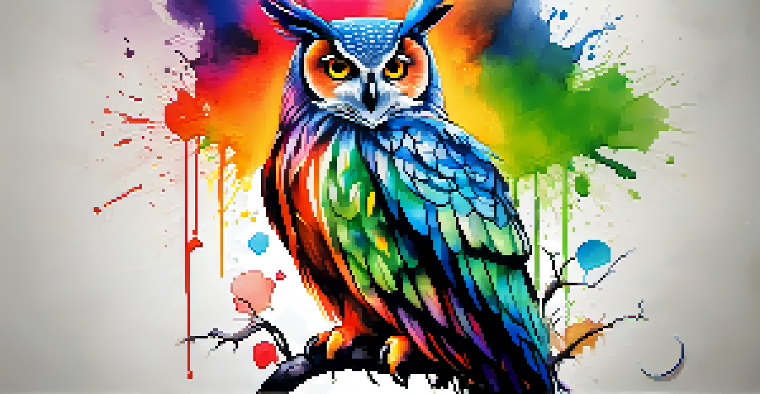 A vibrant watercolor tattoo of an owl on a person's thigh, with splashes of color and intricate feather details.