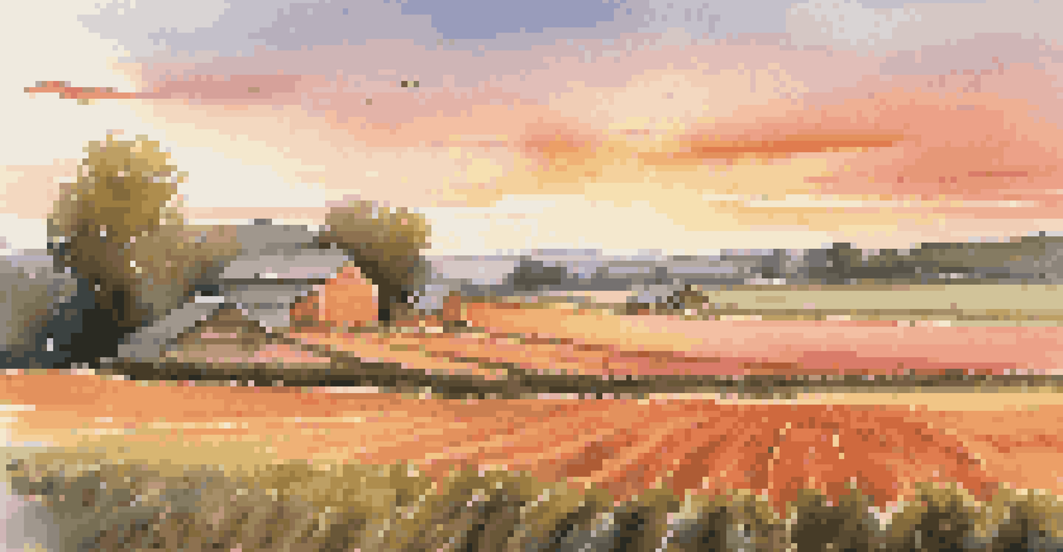 A picturesque local farm at sunset with rows of crops, a farmhouse, and a colorful sky.