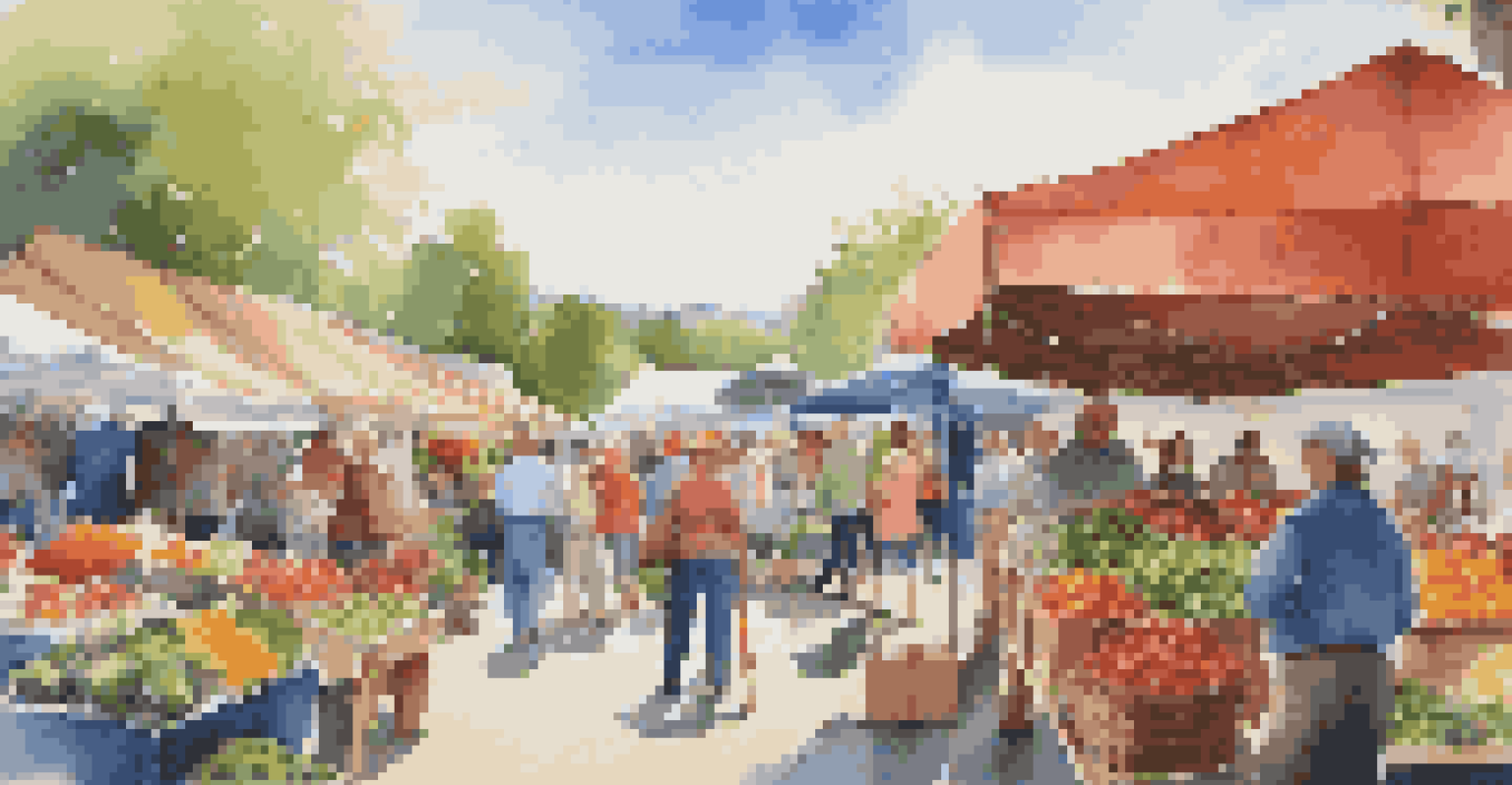 A bustling farmer's market with colorful stalls and people shopping, set against a clear blue sky.