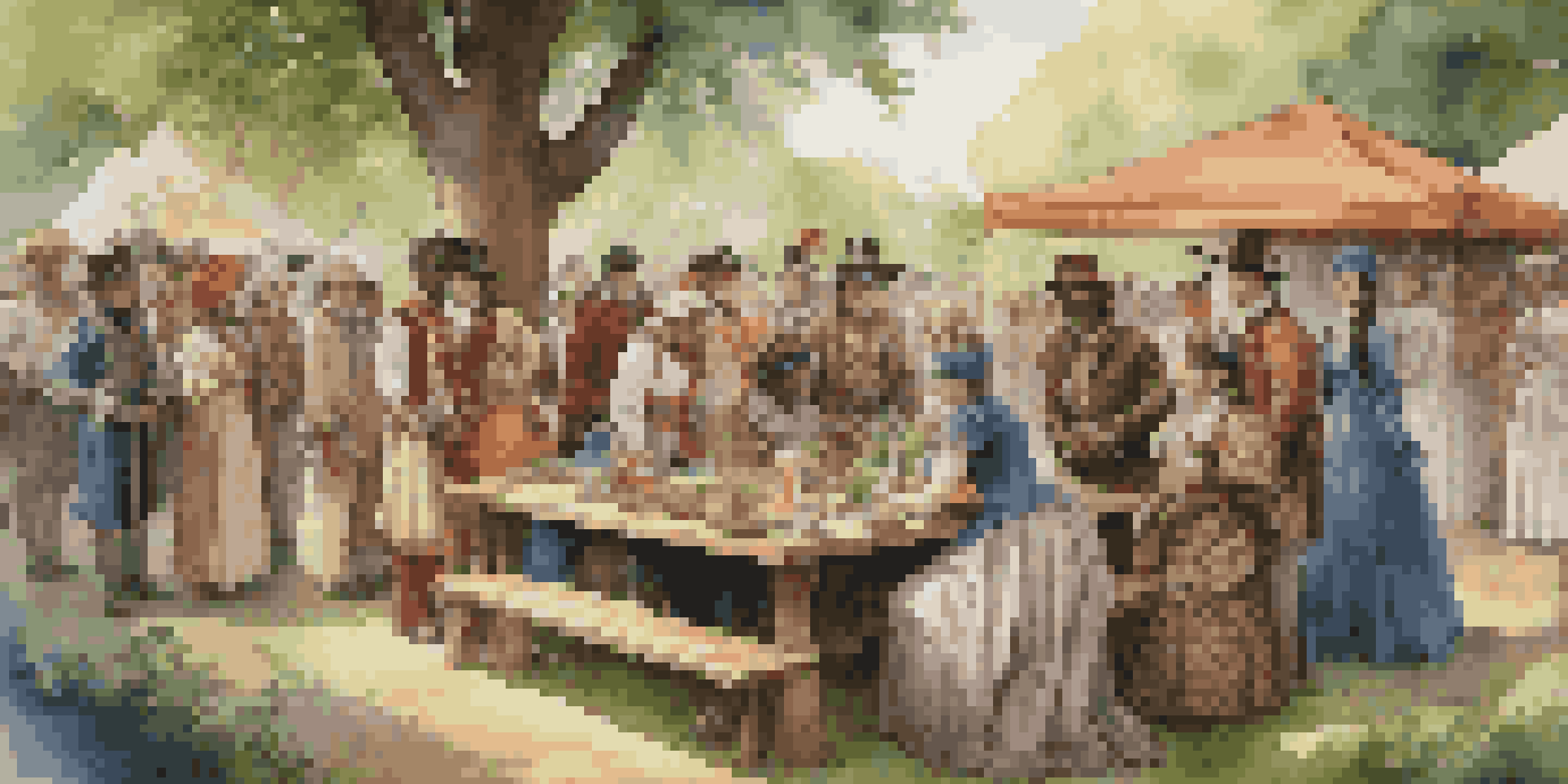 A lively outdoor reenactment with participants in historical costumes gathered around a table of artifacts, surrounded by greenery and sunlight.