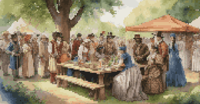 A lively outdoor reenactment with participants in historical costumes gathered around a table of artifacts, surrounded by greenery and sunlight.
