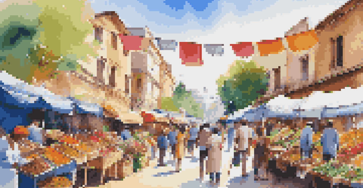 A bustling outdoor market with colorful stalls, people browsing, and a clear blue sky overhead.