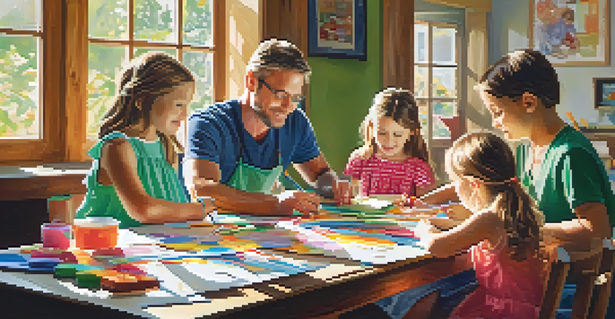 A family crafts together at a table, with colorful materials spread out and children engaged in creating greeting cards.