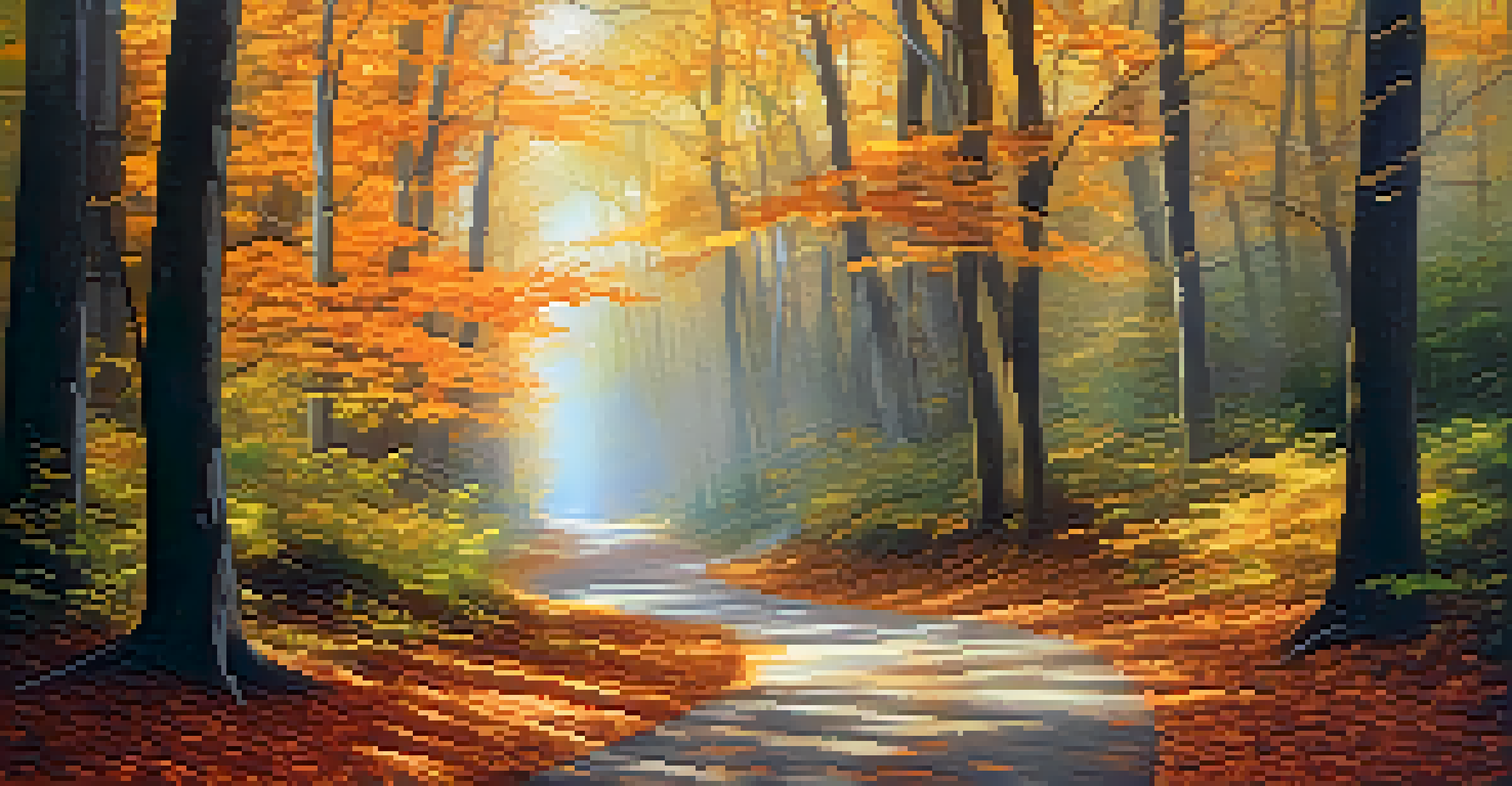 A winding path through an autumn forest with blurred trees and sunlight filtering through, creating a dreamy atmosphere.