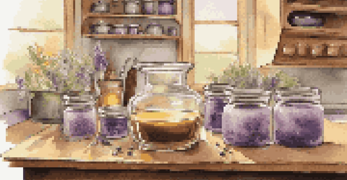 A candle-making setup with melted wax in a double boiler, essential oils, and dried flowers on a wooden countertop under warm lighting.