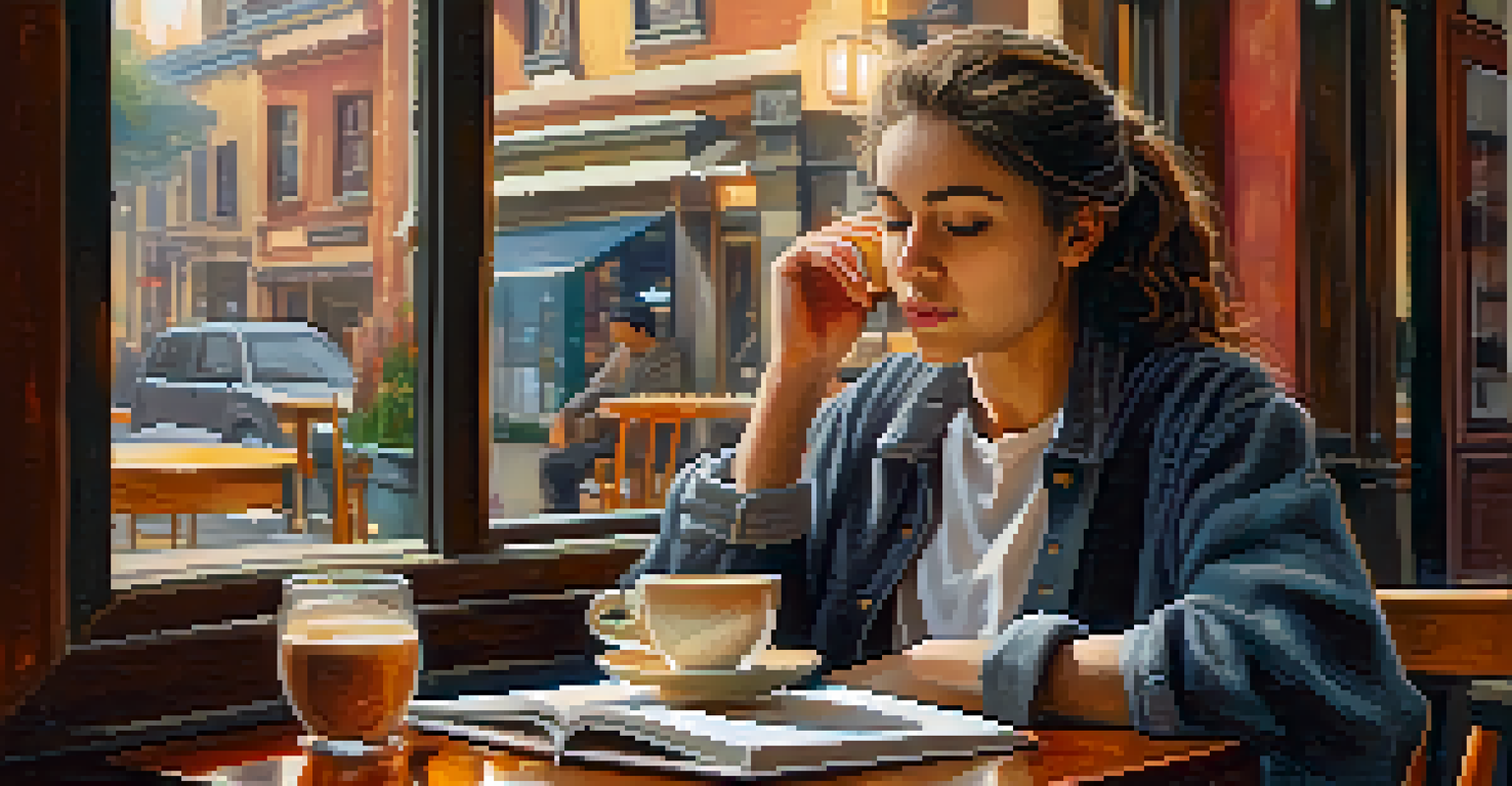 A young adult reading a book at a cozy café with a cup of coffee beside them.