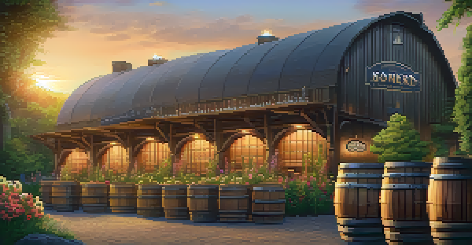 An outdoor view of a craft brewery with wooden barrels surrounded by greenery and a sunset in the background.