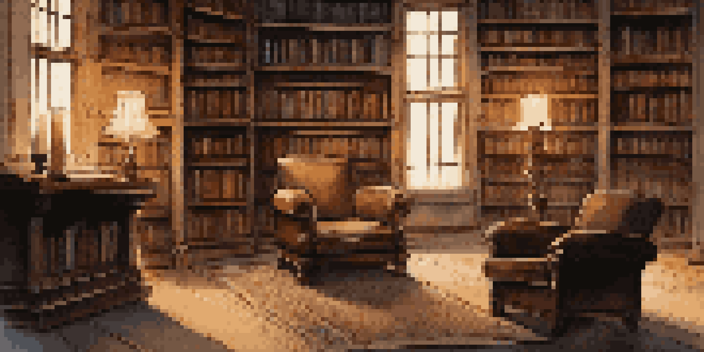 A cozy, dimly lit library with ancient books and a flickering candle, featuring a worn leather armchair and an open book on the floor.