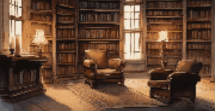 A cozy, dimly lit library with ancient books and a flickering candle, featuring a worn leather armchair and an open book on the floor.