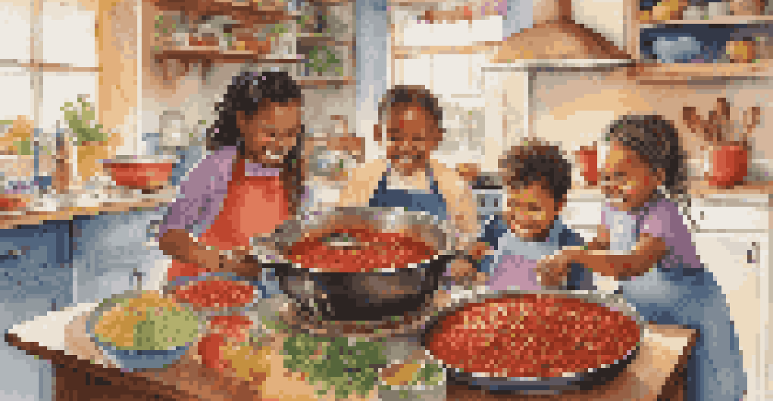 Children happily preparing Chili con Carne in a colorful kitchen, surrounded by fresh ingredients.