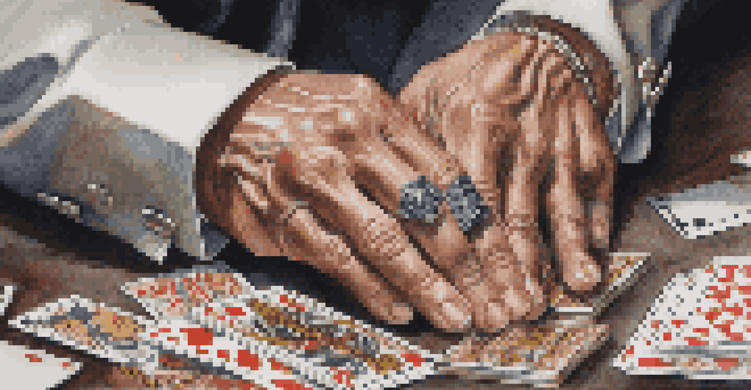 Close-up of a magician's hands manipulating a deck of cards, showcasing details of the cards and cufflinks.