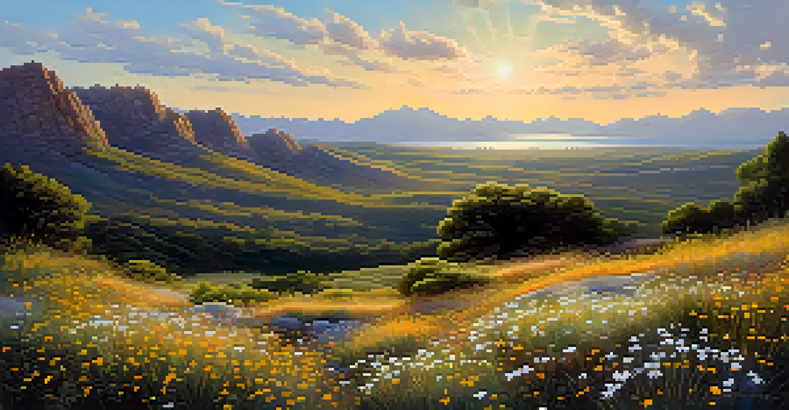 A peaceful landscape with a textured sky and rugged terrain, featuring wildflowers illuminated by golden sunlight.