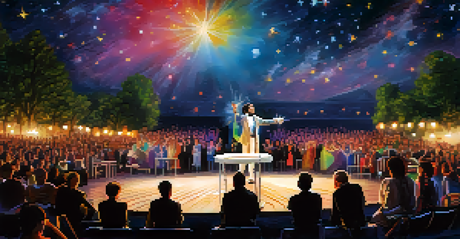 Two magicians performing a stunning illusion on stage under a starry night sky, with an captivated audience in the foreground.