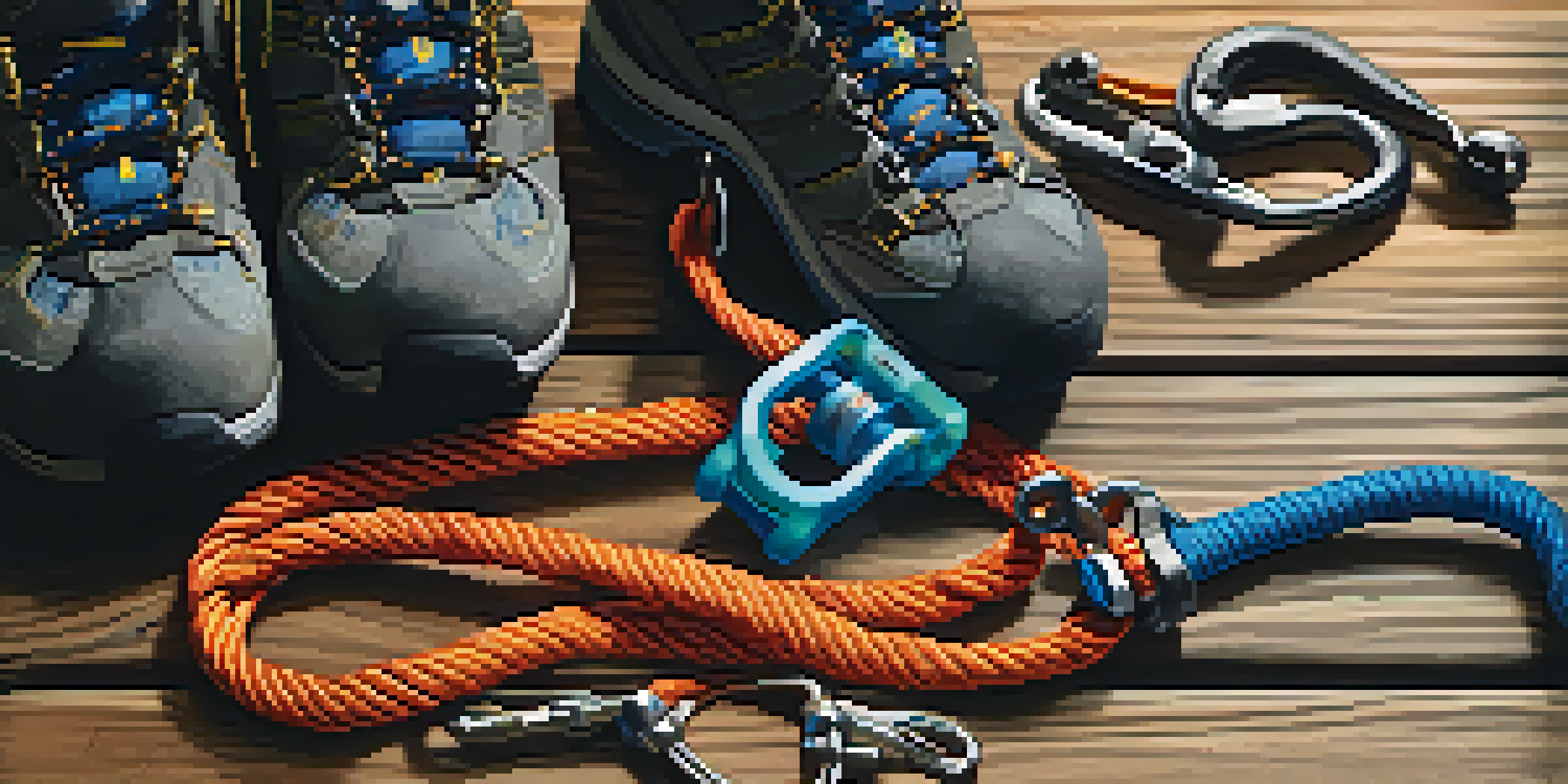 Close-up view of climbing gear, including a colorful rope, carabiners, and a harness on a wooden surface with soft natural lighting.