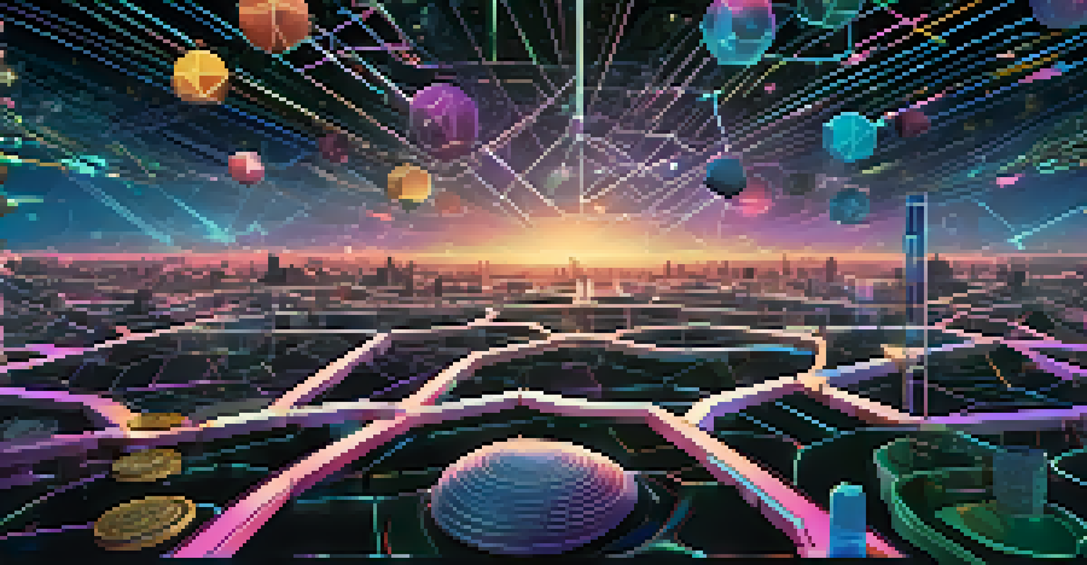 Abstract digital tokens representing NFTs in a futuristic digital landscape with glowing blockchain connections.