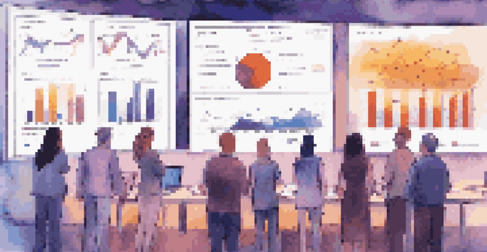 A room with a large screen showing colorful data visualizations, surrounded by diverse individuals engaging with the data.